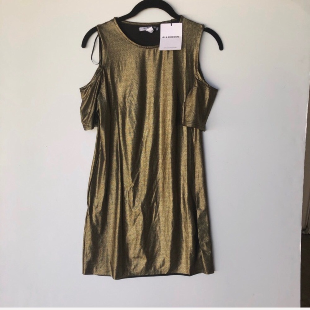 NWT Nasty Gal Gold Cold Shoulder Mini Dress - Picture 2 of 8
